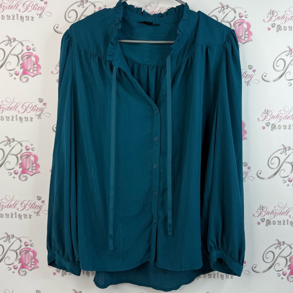 DKNY long sleeve blouse ruffle collar tie up ribbon Deep Teal Women's Blouse